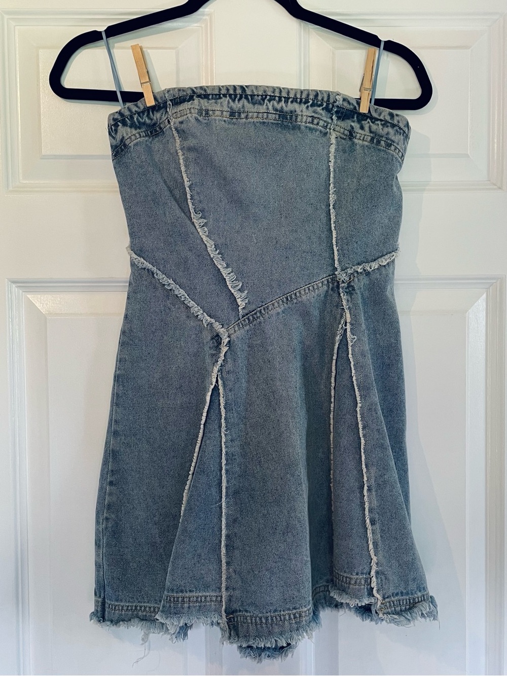 Signature Strapless Raw-Edge Denim Mini Dress in Light Blue